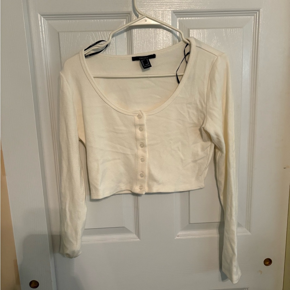 Forever 21 Ivory Button-Up Crop Blouse